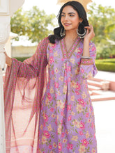 Women Purple Rayon Blend Floral Printed Straight Kurta Trousers With Dupatta-VKSKD2337